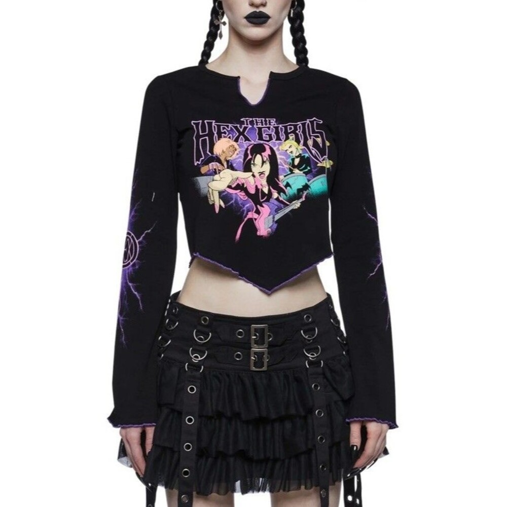 Dolls Kill Scooby Doo Hex Girls Crop Top L Black Bell Sleeve Goth Shirt NWT